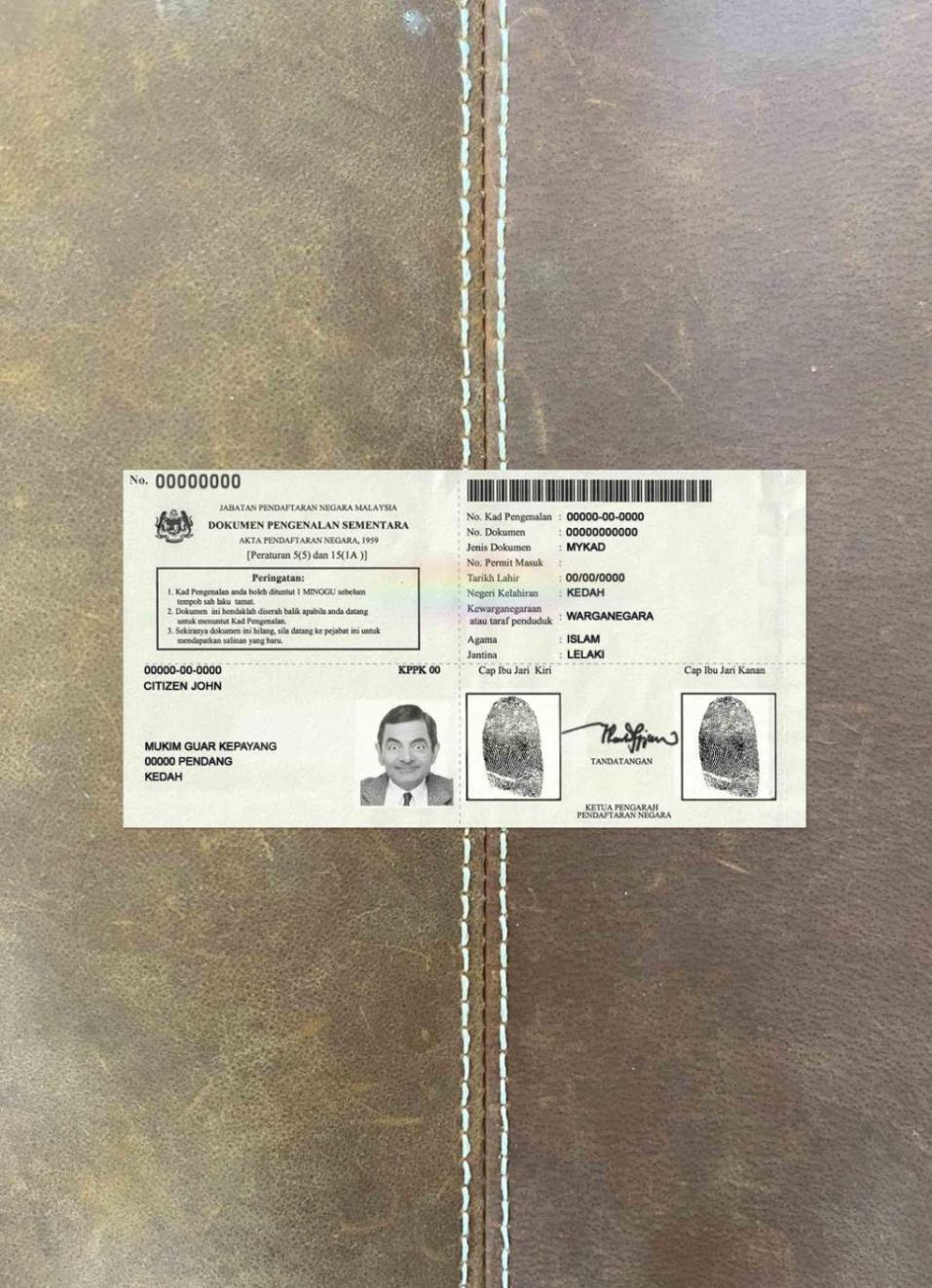 Printable Malaysia Temporary Identification Certificate 2016 photolook example